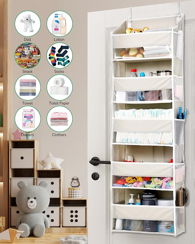 ULG 1-Pack Over Door Organizer with 5 Large Pockets 10 Mesh Side Pockets, 44 lbs Weight Capacity Hanging Storage Organizer with Clear Window for Bedroom Bathroom Kitchen, RV, Camper, Beige
