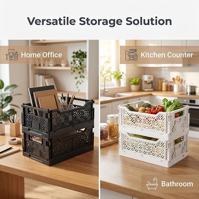 6 Pack Collapsible Storage Bins, White Plastic Crates for Storage with Label Slot,Stackable Plastic Storage Bins for Home Office Shelves Closet Kitchen,Space Saving for Daily Supplies（12.2"x8.3"x4.7")
