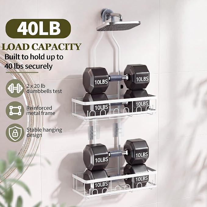 Skyapex Shower Caddy Hanging: Adjustable Height Organizer for Over Showerhead - Rustproof Shower Shelves with Hooks & 2 Soap Holders, White