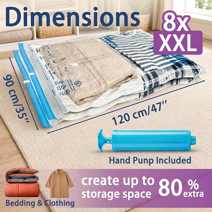 XXL Jumbo Vacuum Storage Bags, for Blanket, Bedding, Comforters | 47''X35'' Extra Large, Save 80% Space, Extra Thick, Clear, 8 pack