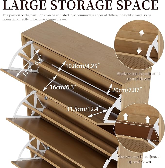 Fsbecl Shoe Storage Cabinet for Entryway with 3 Fluted Flip Drawers, Oak | Narrow Design, Freestanding Shoe Rack with Adjustment Shelves, Wooden Hidden Organizer for Hallway Foyer, 18-24 Pairs