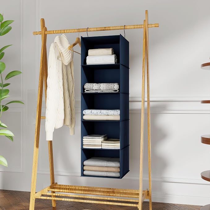 Hanging Closet Organizer 5-Shelf, Oxford Fabric Wardrobe Storage, Navy Blue | Easy-mount foldable design holds clothes, handbags, shoes & accessories; washable Oxford fabric, sturdy and space-saving.