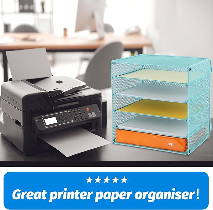 5 Slot Mesh Desk Organizer Tray, File Paper Letter Folder Holder Desktop Paper Sorter Mail Organization Rack Storage Accessories, for Office Home School Classroom, Blue