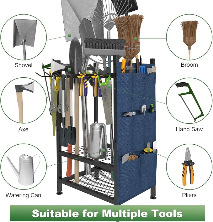 Garden Tool Organizer, Garden Yard Tool Rack for Garage, Garage Organization and Storage, Metal Yard Tools Storage up to 46 Tools/Rake/Broom/shovel/, Suitable for Garage, Yard, Patio, Shed