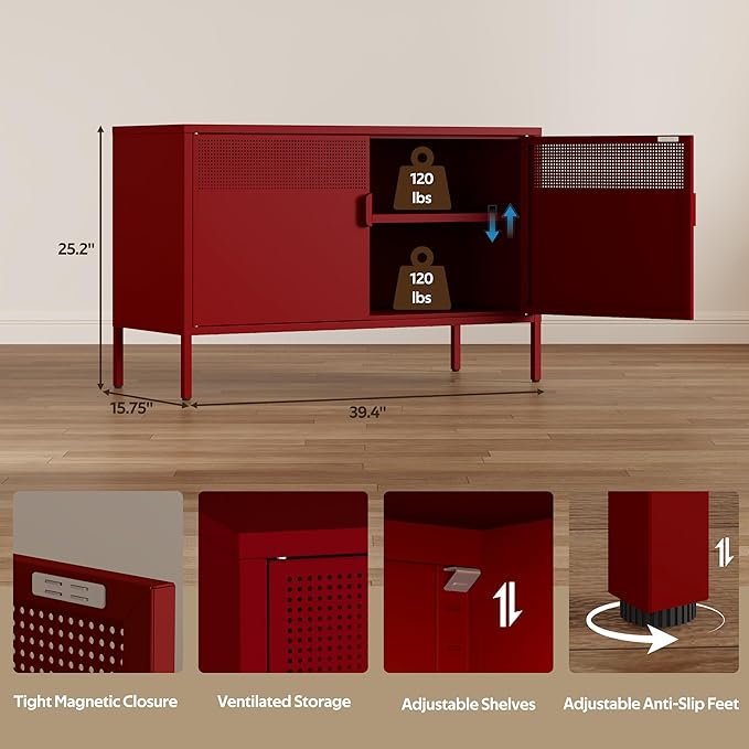 Metal Storage Cabinet with 2 Doors & Adjustable Shelves, Red | 25"H Accent Cabinet, Metal Locker Storage Cabinets, TV Stand Cabinet for Home, Office, Living Room, Entryway