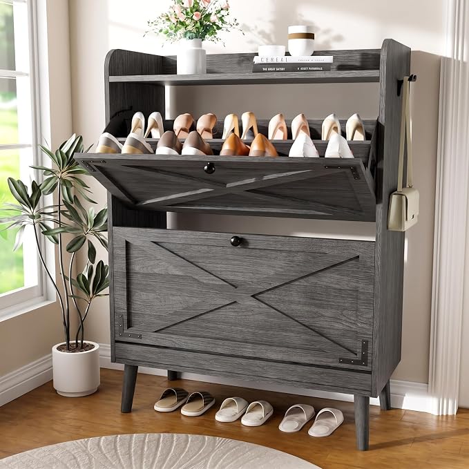 YZ HOME Shoe Storage Cabinet with 2 Flip Drawers | Entryway Shoe Cabinet, Metal Hooks & Adjustable Shelves, Freestanding Narrow Shoe Rack for Hallway Foyer, Grey