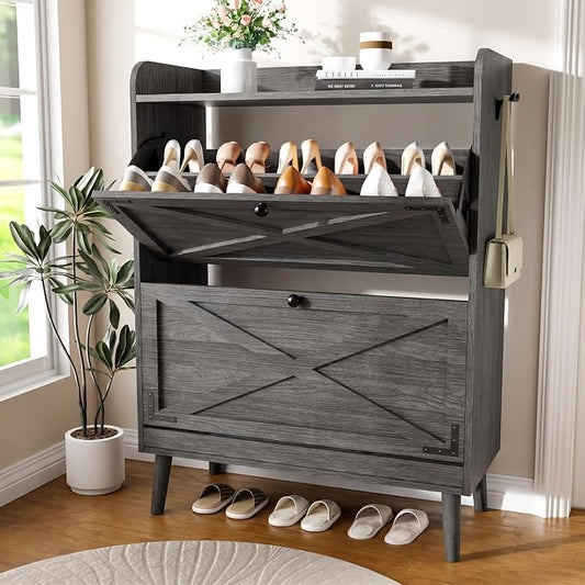 YZ HOME Shoe Storage Cabinet with 2 Flip Drawers | Entryway Shoe Cabinet, Metal Hooks & Adjustable Shelves, Freestanding Narrow Shoe Rack for Hallway Foyer, Grey