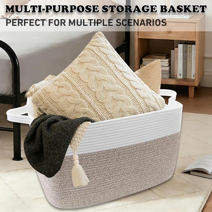 65L Collapsible Woven Rope Laundry Basket with Handles-White/Brown | 21x16x12 Foldable Rectangular Blanket Basket for Toys, Clothes & Pillows,Ideal for Nursery, Bathroom, Bedroom, Living Room