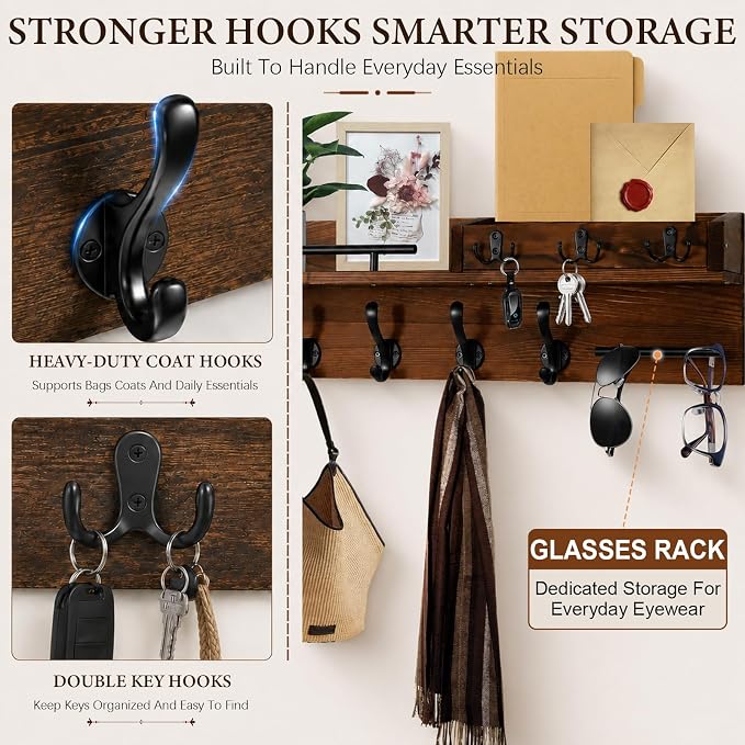 29" Wooden Wall Mounted Coat Rack with Shelf - 5-in-1 Entryway Organizer with 8 Hooks (5 Coat Hooks + 3 Key Hooks), Mail Holder & Display Shelf & glasses Hanger for Doorway, Bedroom, Garage Entrance