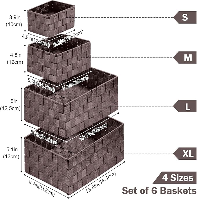 Storage Baskets with Lids: 6 Pack Stackable Woven Storage Bins, Brown | Decorative Woven Baskets for Organizing with Built-In Handles for Shelves, Closets, Cabinets and Cubbies, Gift Small Basket
