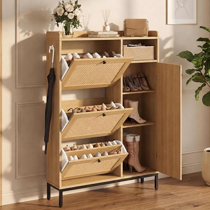 Garvee Shoe Cabinet with 3 Flip Drawers and 4-Tier Shoe Storage Cabinet, Freestanding Shoe Organizer with Adjustable Shelf and Rattan Doors for Entryway, Closet, Hallway