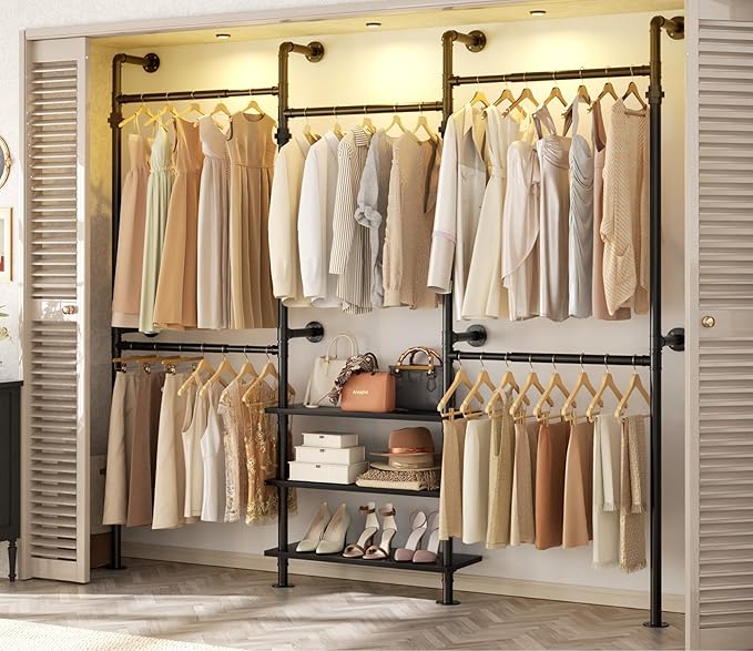 Aheaplus Expandable Industrial Pipe Clothing Rack, 7.3-10.9Ft Wall Mounted Closet System, Reversible L Shaped Clothes Rack for Hanging Clothes, Heavy Duty Corner Closet Wardrobe Garment Rack, Black