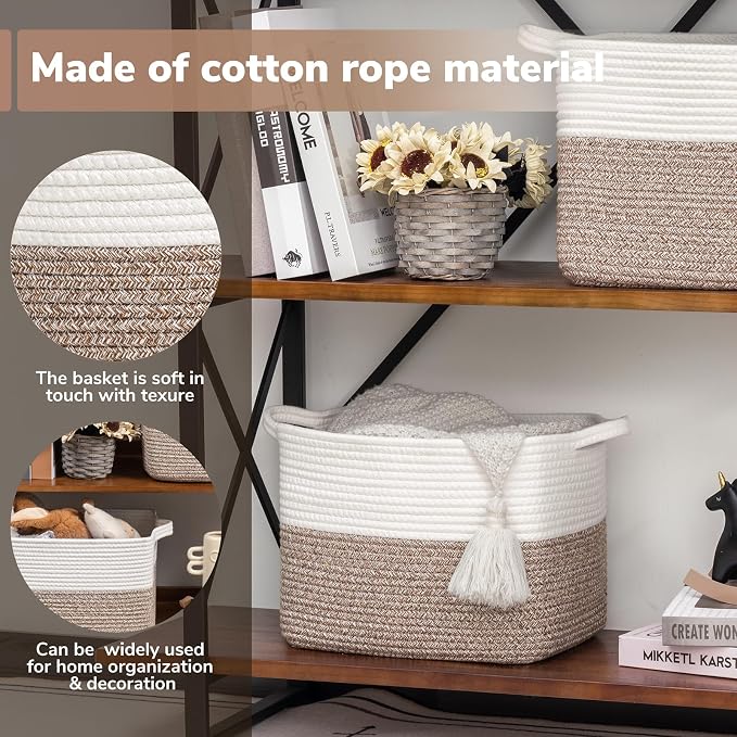 Goodpick Cotton Rope Storage Basket with Handles, 13" x 10" x 9", Brown | Toy, Book & Towel Storage, Closet & Shelves Organization, Decorative Rectangle Woven Design, Home Decor