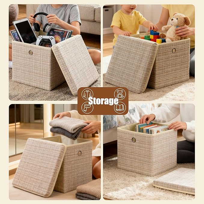 modscape 12x12x12 Collapsible Fabric Cube Storage Bins with Lids | Clothes storage bins for shelves, closet, bedroom. Decorative boxes with lids, treasure box for classroom(Shining Beige, 4)