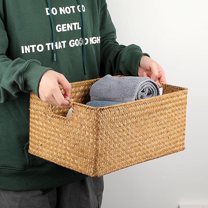 Hipiwe Seagrass Storage Baskets Bin for Shelf Large Handwoven Wicker Basket | Rectangular Bedroom Bathroom Organizer Built-in Handles, Multipurpose Woven Basket Bin Boxes,14.6"x 10.6"x 7.1"