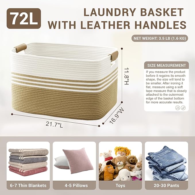 72L Large Woven Laundry Basket Hamper with Leather Handles,Khaki | collapsible wicker hamper, storage for dirty clothes, toys, blankets, gifts, living room, bedroom, bathroom, 22"x17"x12"