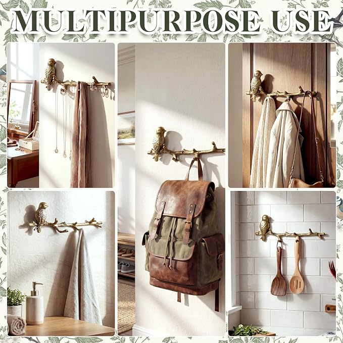 Hicarer Metal Bird Coat Hooks Antique Gold Bird Hangers and Key Holder Animal Theme Hooks for Entryway Bathroom Bedroom