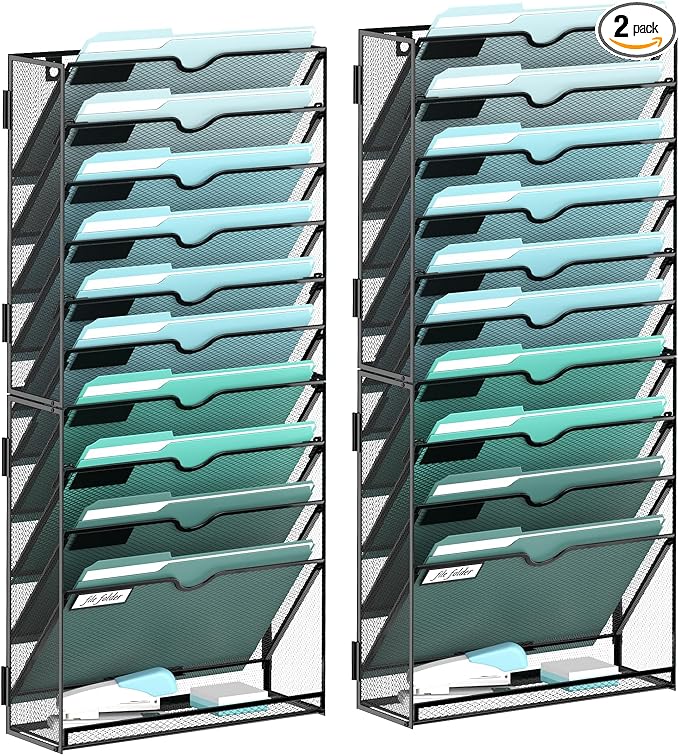 SUPEASY 11-Tier Wall File Organizer, Wall Mounted Mail Sorter, 2 Pack | Metal Mesh Hanging File Organizer with Open Compartments and Label Panels for Papers and Folders at Home, Office or School
