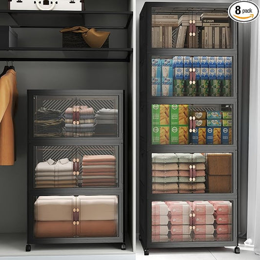 UAMFURI Stackable Storage Bins with Lids, 960QT Lockable Storage Cabinet | Folding Storage Box with Doors and Wheels, Collapsible Plastic Drawers for Home, Garage, Office