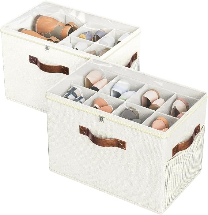2 Pack Shoe Organizer for Closet, Foldable Shoe Storage with Adjustable | Farbic shoe storage organizer box bin with clear cover, fits up to 16 pairs, shoe storage box for closet, entryway, beige