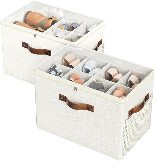 2 Pack Shoe Organizer for Closet, Foldable Shoe Storage with Adjustable | Farbic shoe storage organizer box bin with clear cover, fits up to 16 pairs, shoe storage box for closet, entryway, beige