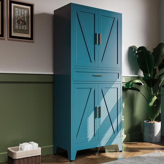 71"H Metal Kitchen Pantry Cabinet with Drawers,Blue Kitchen Storage Cabinets with Doors,Farmhouse Pantry Food Storage Cabinets,Tall Pantry Cabinets,Large Freestanding Cabinets for Dining Room