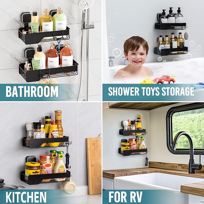 TAILI Shower Caddy Suction Cup Stainless Steel Shower Shelves Black 2pack