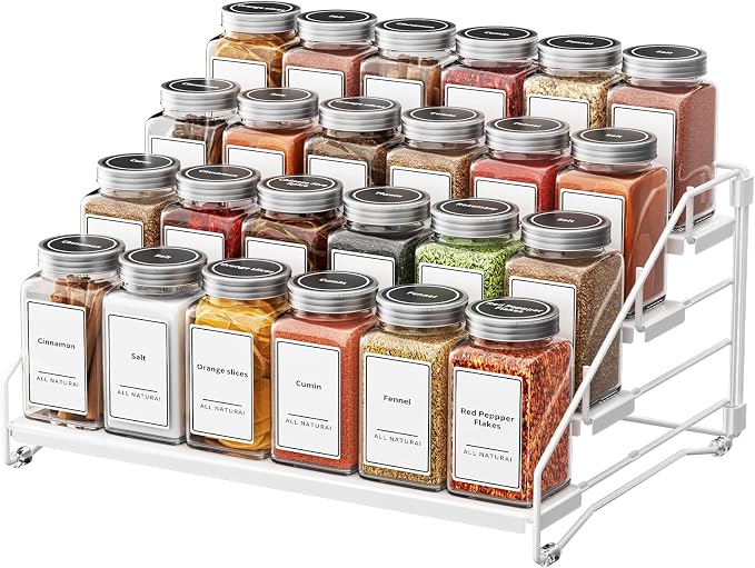 BOIVSHI Tiered Spice Rack, 4 Tier Spice Shelf Organizer for Cabinet, Spice Rack Organizer, Depth Adjustable Seasoning Rack Organizer for Cabinet, Countertop, Pantry, Metal, White (1 Pack)