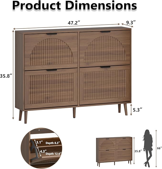 BORNOON Shoe Cabinet for Entryway with 4 Flip Drawers, Slim Wooden Shoe Storage Organizer with Modern Fluted Pannel，Freestanding Narrow Hidden Shoe Rack for Hallway, Foyer, Living Room