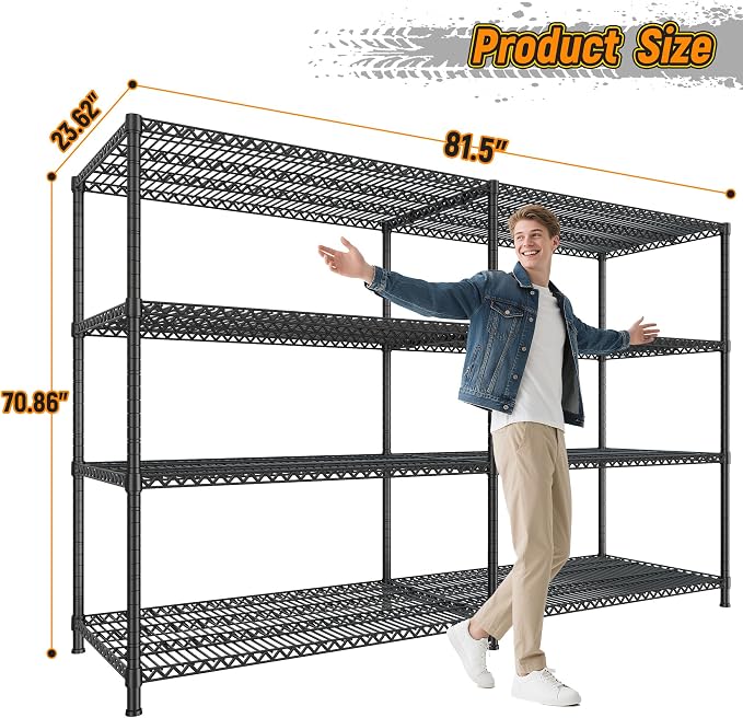 REIBII Storage Shelves, 3680LBS Heavy Duty&Space Saving 81.5''W for Garage | 4 Tier Adjustable Wire Shelving, Powder Coated, Tool-Free Metal Shelf, Scratch Resistant, Rust-resistant, 23.62"Dx70.86"H