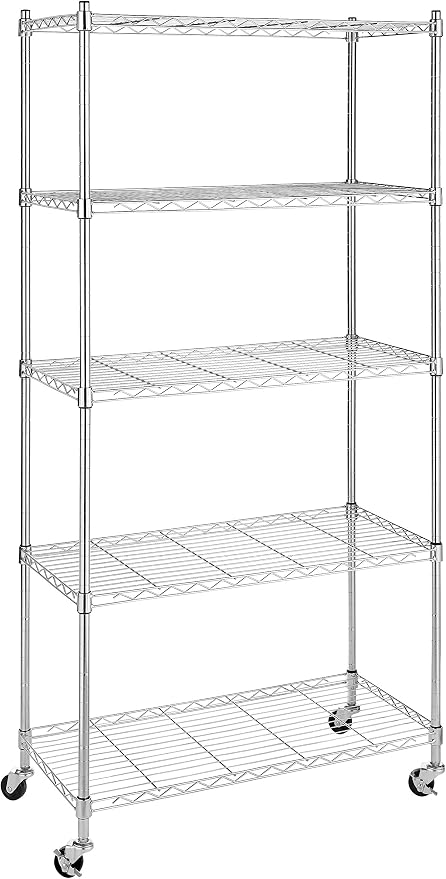 Whitmor 5 Tier Shelving Unit, Adjustable Storage Shelves with Wheels, 400 lbs Capacity per Shelf, Max 2000 lbs Total for Pantry, Kitchen, Garage, 30" L x 14" W x 60" H, Chrome