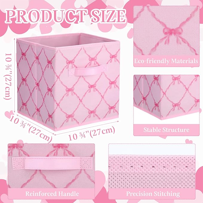 6 Pcs Pink Bow Cube Storage Bins 11 Inch Storage Basket with Handle, Preppy Girls Organizer Basket, Collapsible Fabric Box for Classroom Bedrooms Office Home Decoration Gift