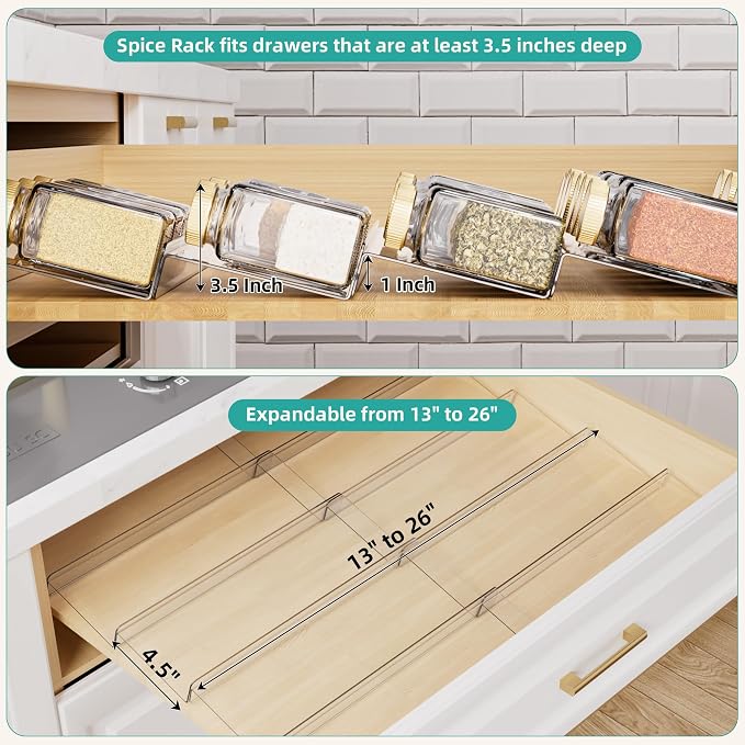 MIUKAA Acrylic Spice Drawer Organizer, 5 Tier - 10 Pack Seasoning Organizer for Drawer, Expandable From 13" to 26" Kitchen Drawer Spice Rack (Jars not Included)