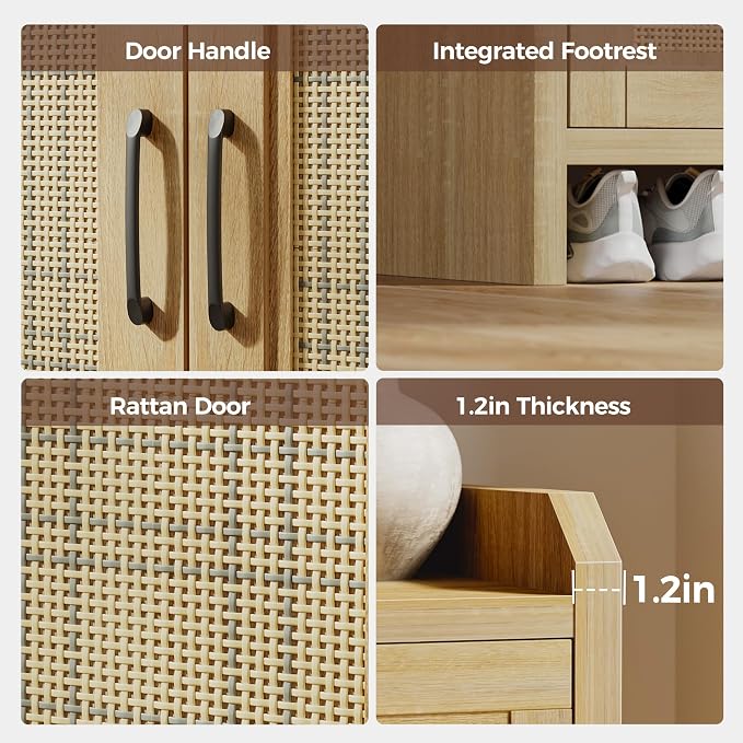 Shoe Cabinet Storage for Entryway, Natural Rattan Shoe Storage Cabinet, Wooden Shoe Rack Cabinet, Farmhouse Boho Wood Shoe Organizer Cabinet for Hallway