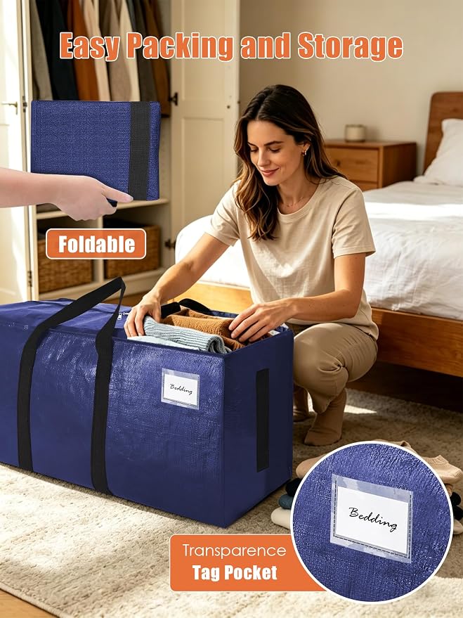 SWEET DOLPHIN 8 Pack 200LB Heavy-Duty Moving Bags with Wrap-Around Handles, Extra Large Storage Totes for Space Saving, Clothes Storage Bags, College Dorm Essentials, Blue, 24 Gal