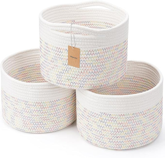 3 Pack Small Rope Storage Baskets, 9.82×9.82×7.1", Rainbow | Cotton Basket for Gifts Empty, Cute Round Woven Basket, Decorative Shelf Basket Organizer, Organizing Basket for Shelves
