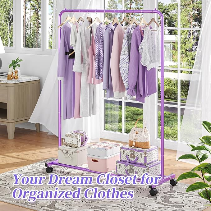 Simple Trending Standard Clothes Clothing Garment Rack with Storage Shelves, Rolling Clothes Organizer on Wheels for Hanging Clothes, Purple