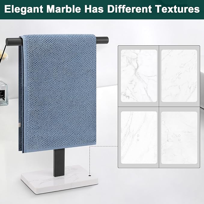 Hand Towel Holder, T-Shape Hand Towel Stand for Bathroom, Hand Towel Rack Bar Standing for Vanity Kitchen Countertop, 304 Stainless Steel, Marble Base (Black)