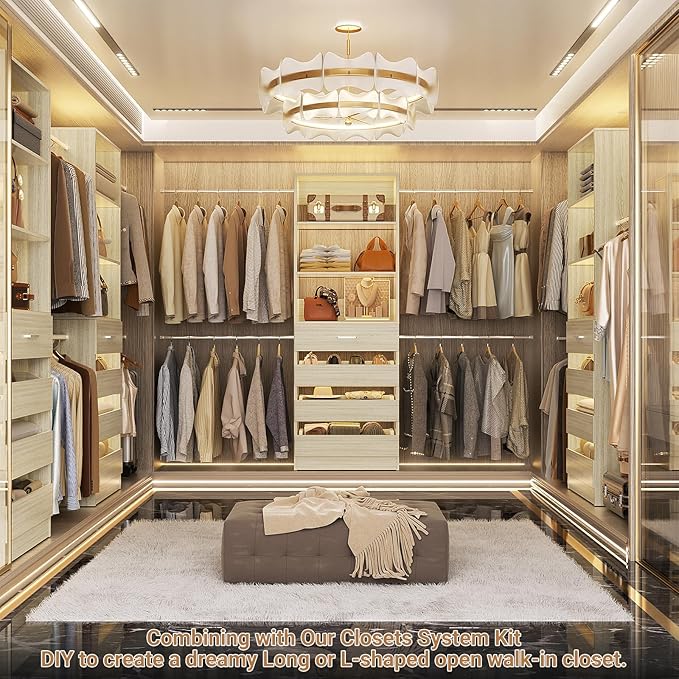 Aheaplus Closet System, 4-9Ft Closet Organizer with 4 Wooden Drawers, Wood Closet Organizer System with Tower, Walk-in Closet Organizer Wardrobe Garment Clothes Rack with 4 Hanging Rods, 2White Oak