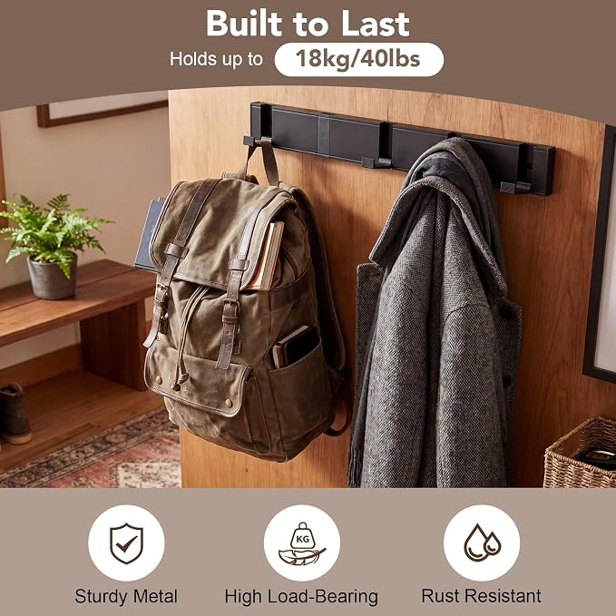 Wall Coat Rack with 5 Foldable Hooks, Black Metal Coat Hooks Hanger | Heavy-Duty Metal, Space-Saving Flip-Down Hooks, Easy Wall Mount, Ideal For Entryway, Bathroom Or Behind Doors