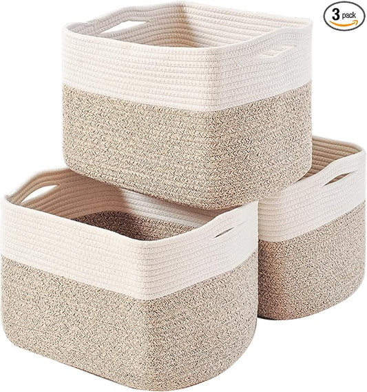 ICERZCZ Storage Baskets for Organizing, Woven Cotton Rope Basket for Storage Books, Baby Organizing Baskets, Toy Storage Basket, 15"x11"x9.5", 3 Packs, Off White & Brown