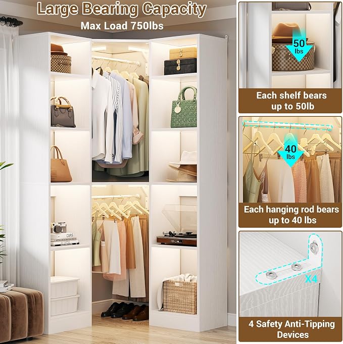 Besiost Corner Closet System with 12 Shelves, 39.2" Corner Closet Organizer | Corner Closet Tower with 2 Hanging Rods, Versatile 6-Tier Walk-in Closets for Corner Space, White (39.2" L x 39.2" W x 80" H)
