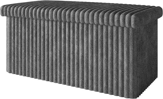 HOME DESIGN Florence 30" Upholstered Folding Storage Bench, Tufted Top, Space-Saving Storage, Gray Corduroy Fabric