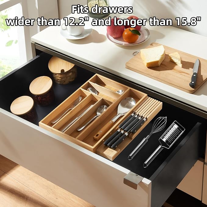 Small Bamboo Silverware Organizer Kitchen Utensil Tray, Natural | Removable Knife Block, Holds 7 Knives, Adjustable Dividers, 15.6 x 12 x 1.8 in, Drawer Insert for Utensils, Forks