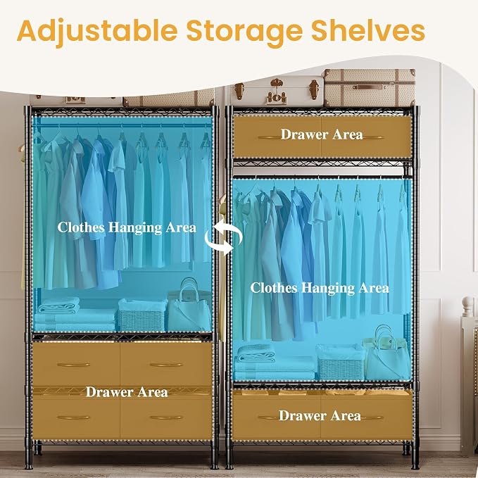 Portable Closet with Drawers Clothes Racks for Hanging Clothes | Freestanding closet organizer Sturdy structure Space saving Orgnizer Easy to assemble