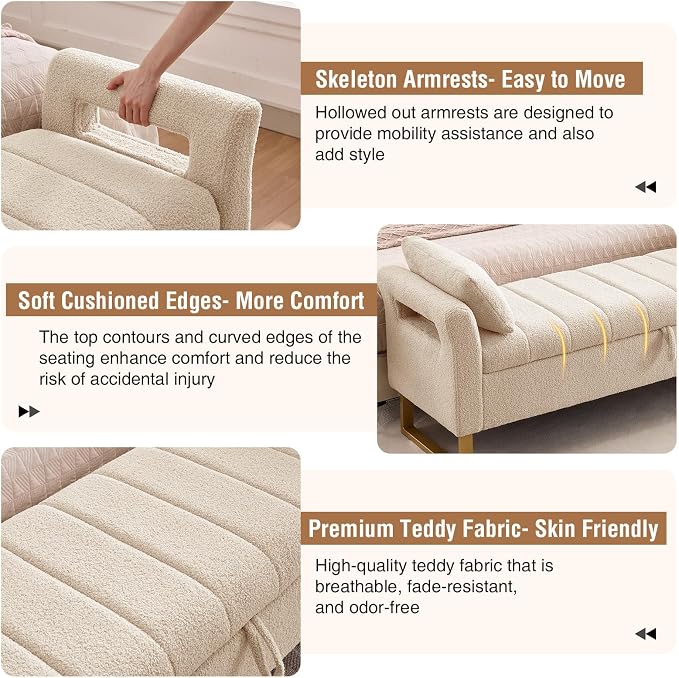 52" Storage Bench for Bedroom Upholstered End of Bed Bench Queen Size Beige | Bedroom Benches for Foot of Bed Queen with Gold Legs,2 Pillows,Teddy Storage Ottoman Bench for Bedroom,Entryway,Cloakroom