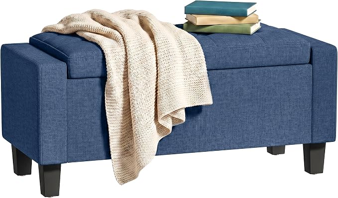 HOMCOM 36.6" Tufted Fabric Rectangular Storage Ottoman Bench Blue | With Armrests, Wooden Legs, Holds up to 528 lbs, for Entryway Living Room Bedroom