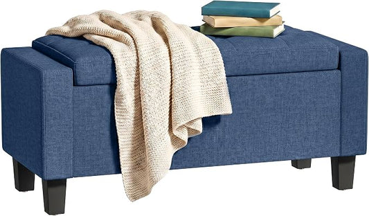 HOMCOM 36.6" Tufted Fabric Rectangular Storage Ottoman Bench Blue | With Armrests, Wooden Legs, Holds up to 528 lbs, for Entryway Living Room Bedroom