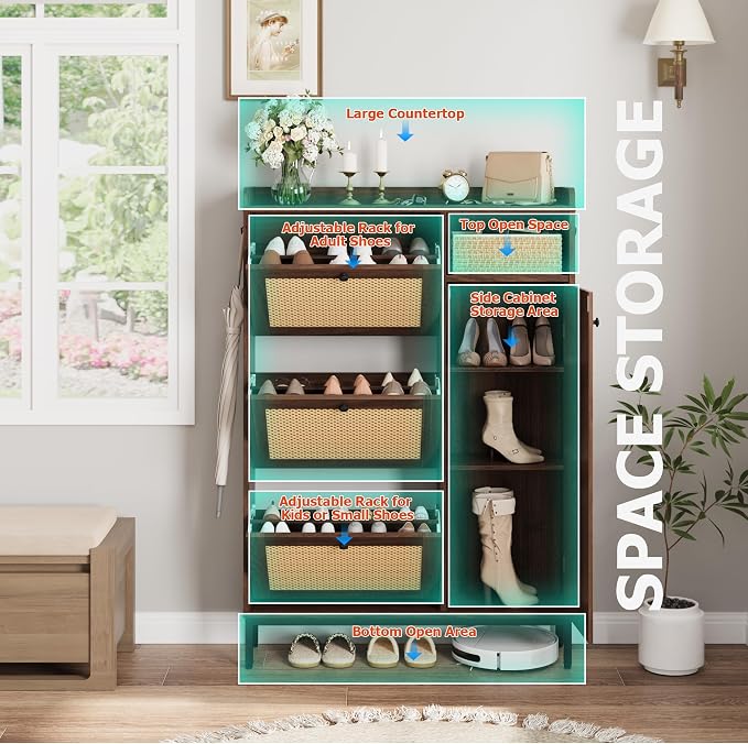 Garvee Shoe Cabinet with 3 Flip Drawers and 4-Tier Shoe Storage Cabinet, Freestanding Shoe Organizer with Adjustable Shelf and Rattan Doors for Entryway, Closet, Hallway