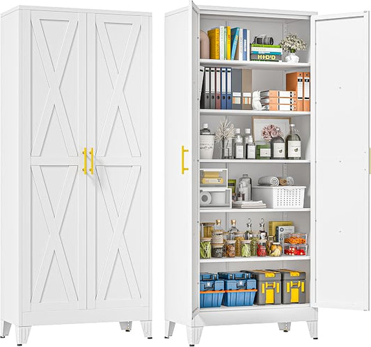 75" Metal Storage Cabinet with 2 Doors and 5 Adjustable Shelves,White Farmhouse Kitchen Pantry Cabinet,Steel Garage Tool Cabinet,File Cabinetfor Home,Office,Dinning Living Room,Warehouse